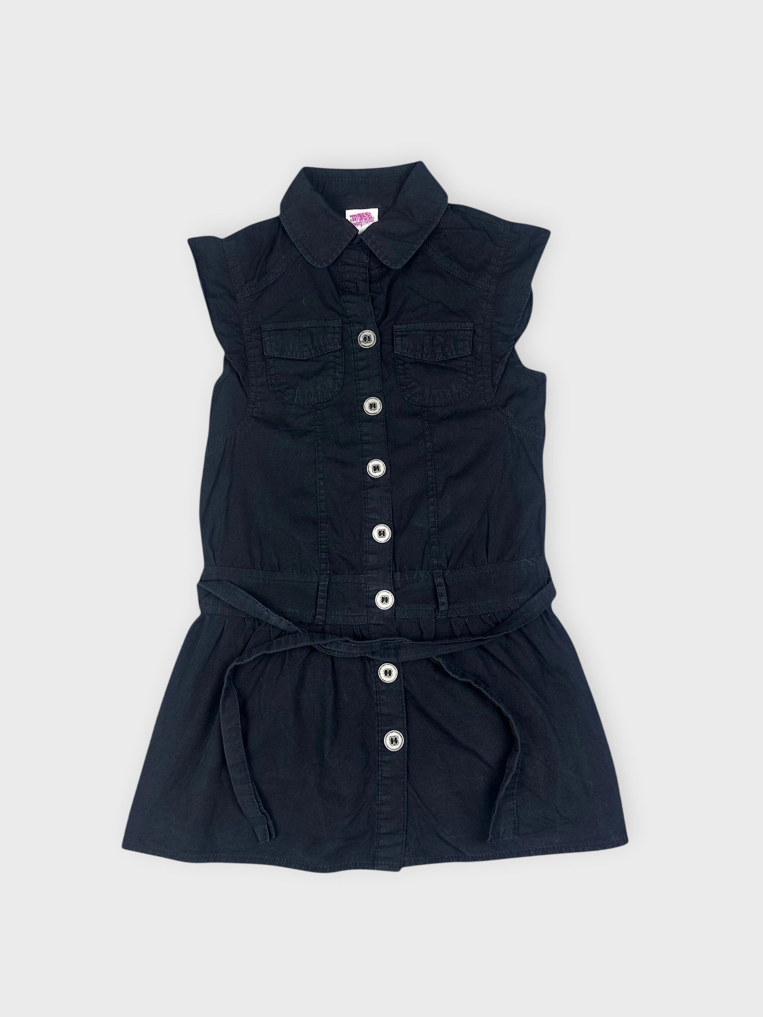 Front view of a black button-down top with puff sleeves and waist tie.