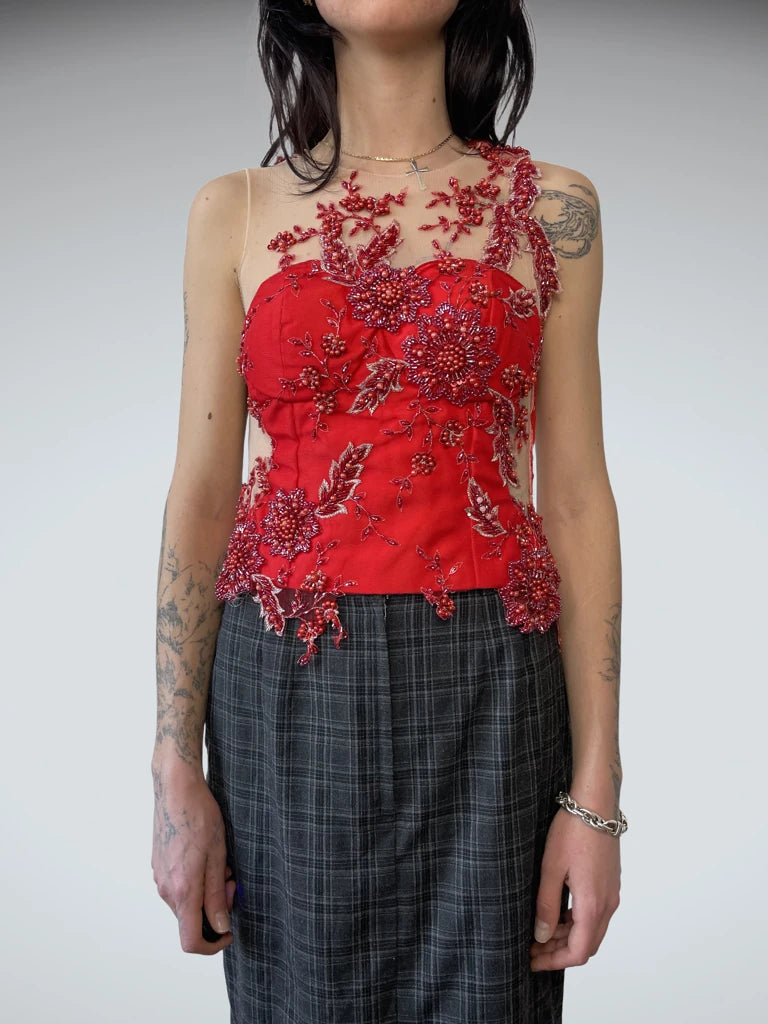 Red Floral Top with Paillettes