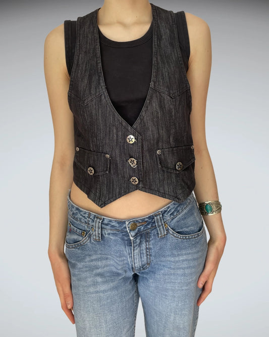 Dark Wash Denim Vest Star Button Accents Grunge Western (S)