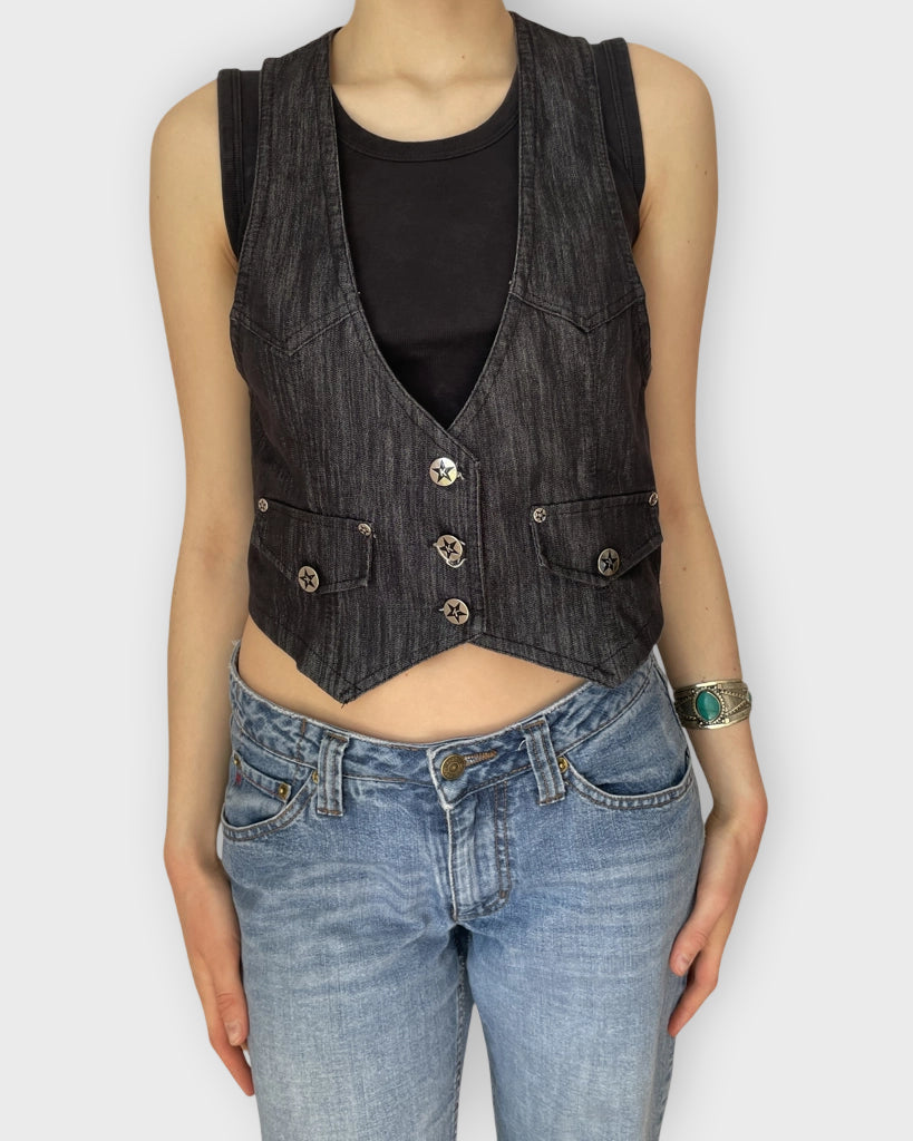 Dark Wash Denim Vest Star Button Accents Grunge Western (S)