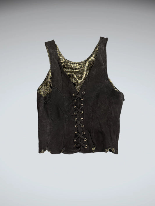 Black Lace-Up Leather Look Vest Women (M)