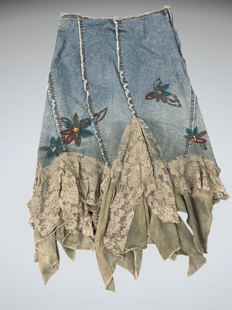 Boho Floral Embroidered Denim Skirt (S)