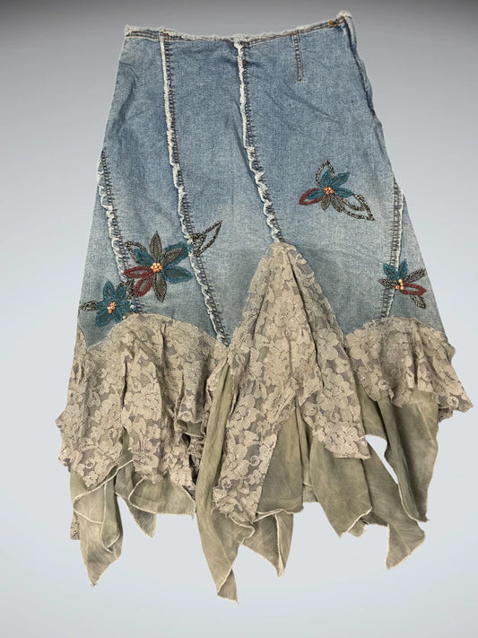 Boho Floral Embroidered Denim Skirt (S)