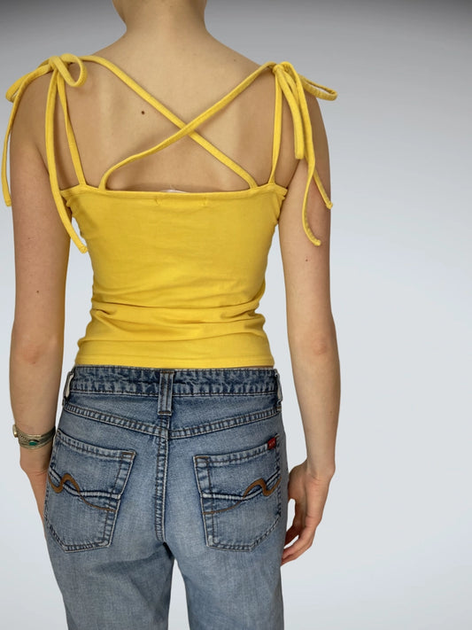 Sunshine Yellow Tie-Shoulder Tank Top Summer Vintage Cami (S)