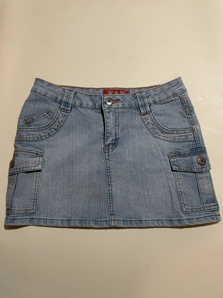 Light Wash Cargo Denim Mini Skirt Multi-Stitch Detail Y2K (S)