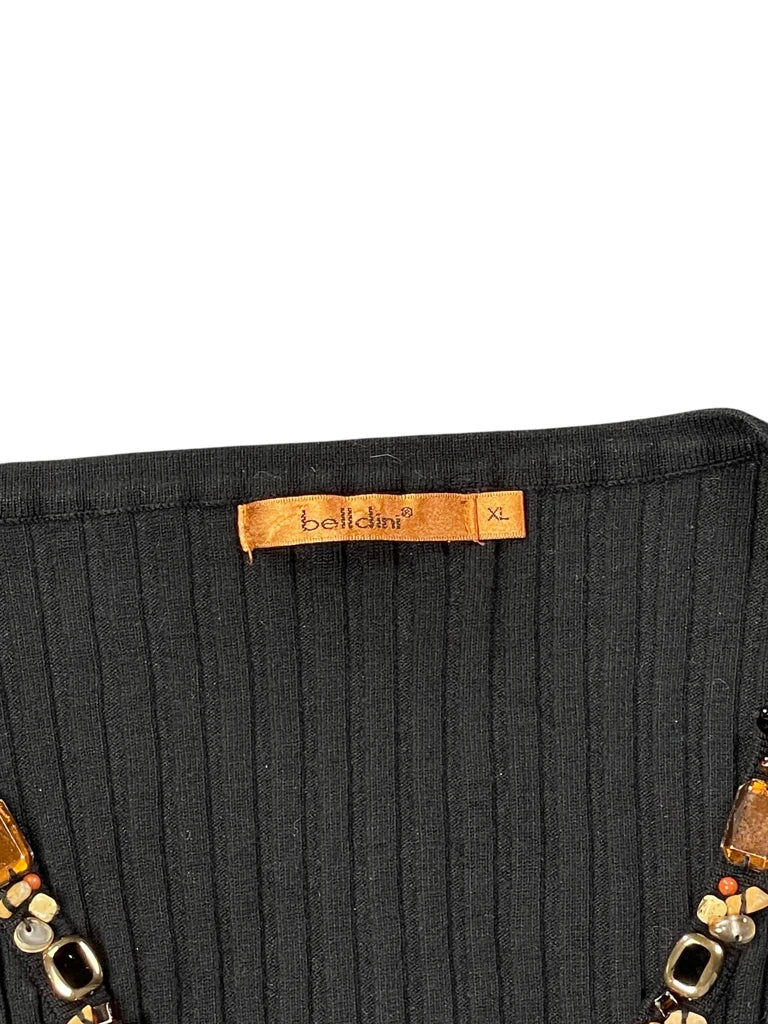 Black Ribbed Top with Jewel Embellished Deep V-Neck (XL)