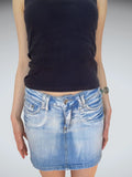 Light Wash Low Rise Denim Mini Skirt Distressed Aesthetic (S)