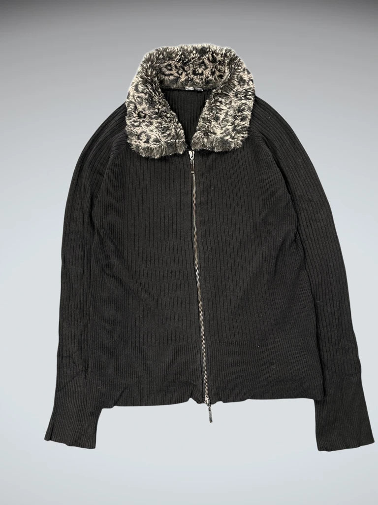 Black Ribbed Zip Cardigan with Faux Fur Collar (M)