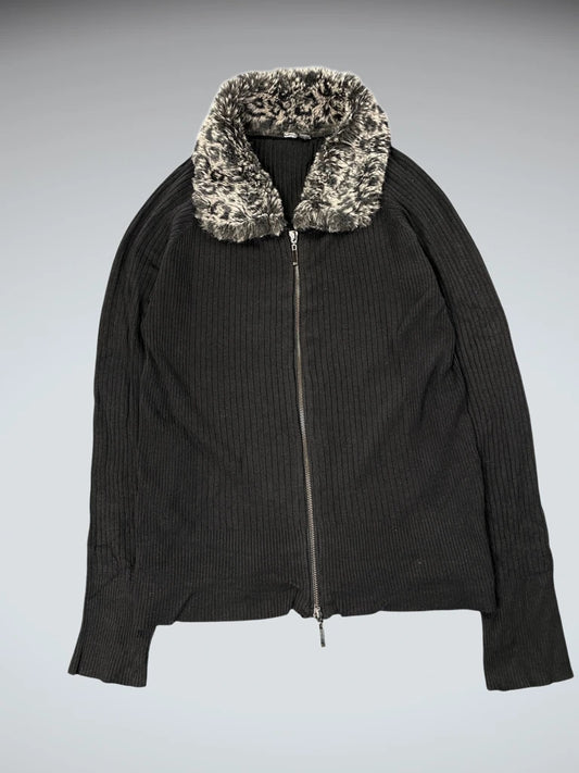 Black Ribbed Zip Cardigan with Faux Fur Collar (M)