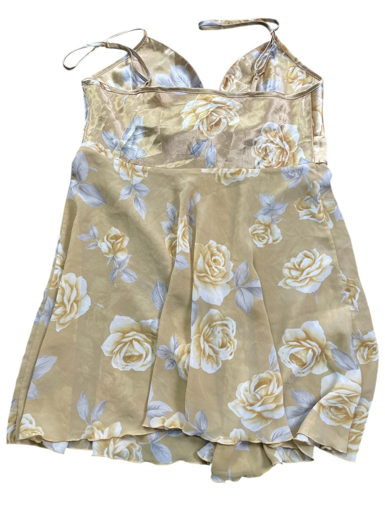 Green brown paisley ruffle wrap top (M)