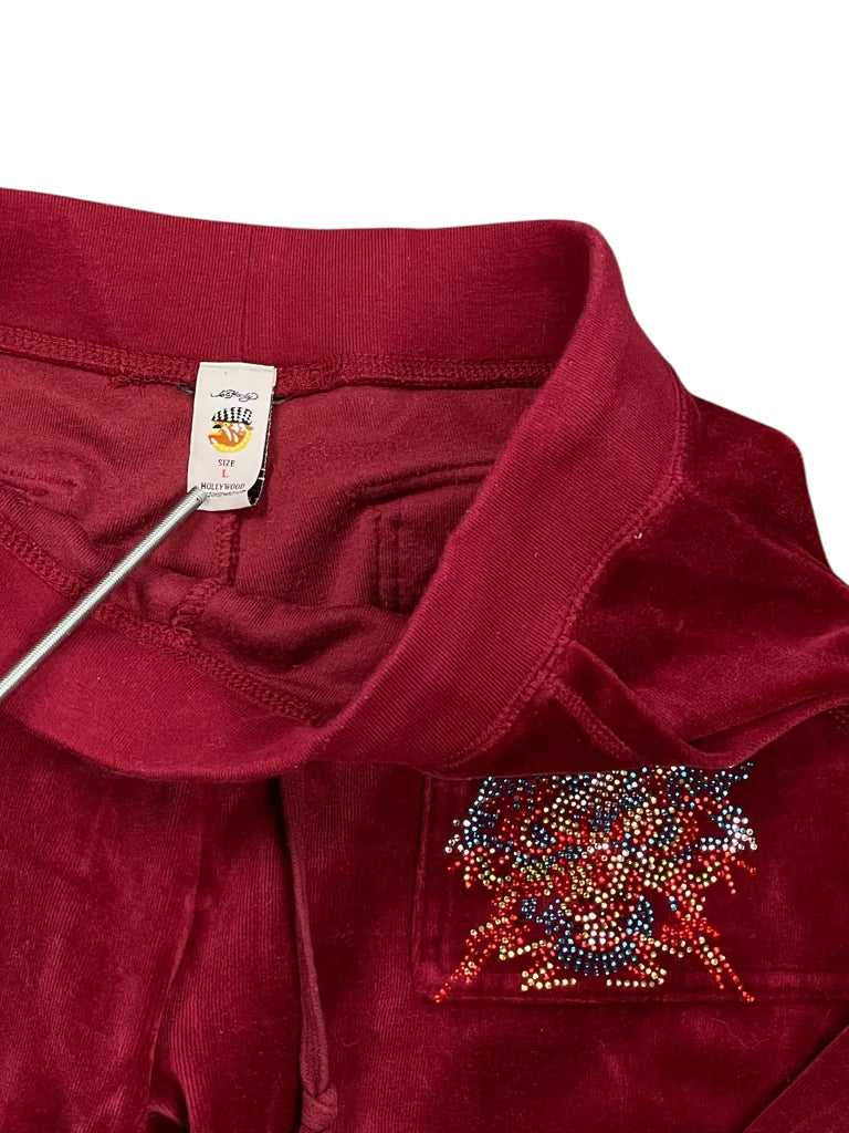 Burgundy Velour Flare Pants with Rhinestone Crest (L)