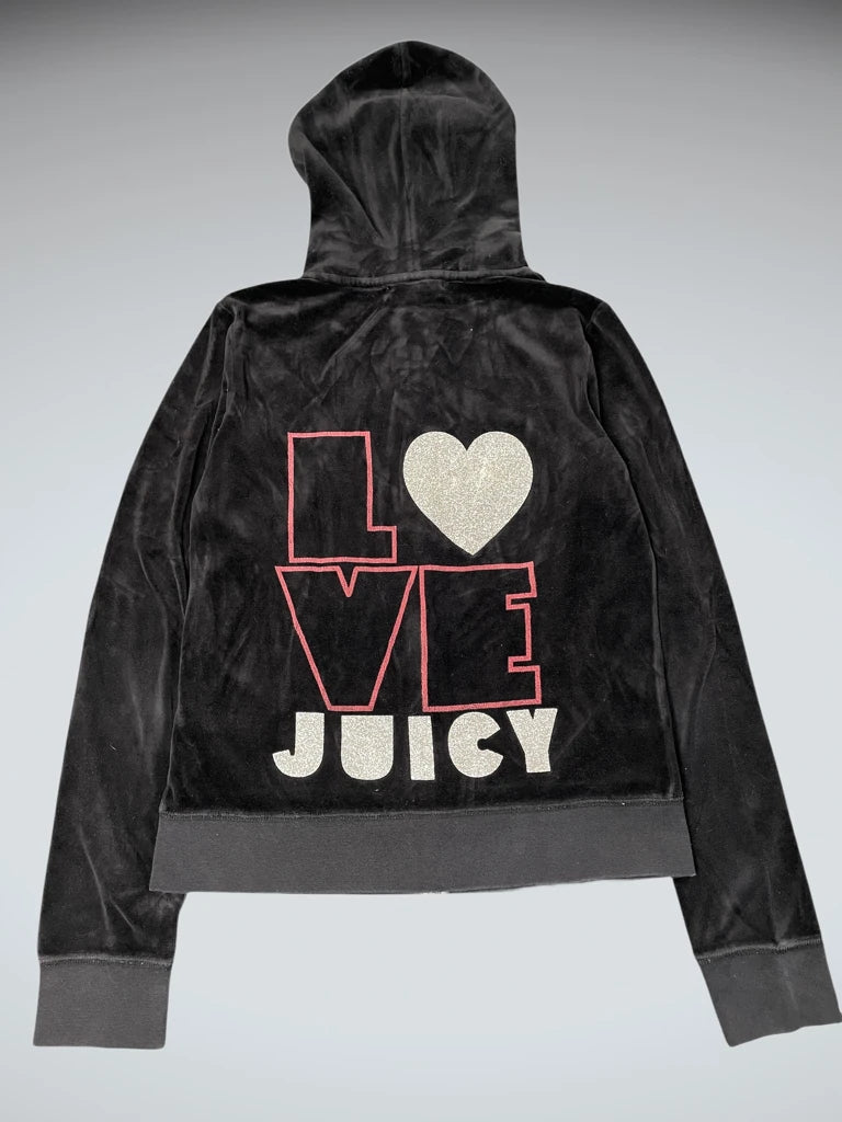 Black Juicy Couture Velour Hoodie with Chain-Trim JC Logo (L)