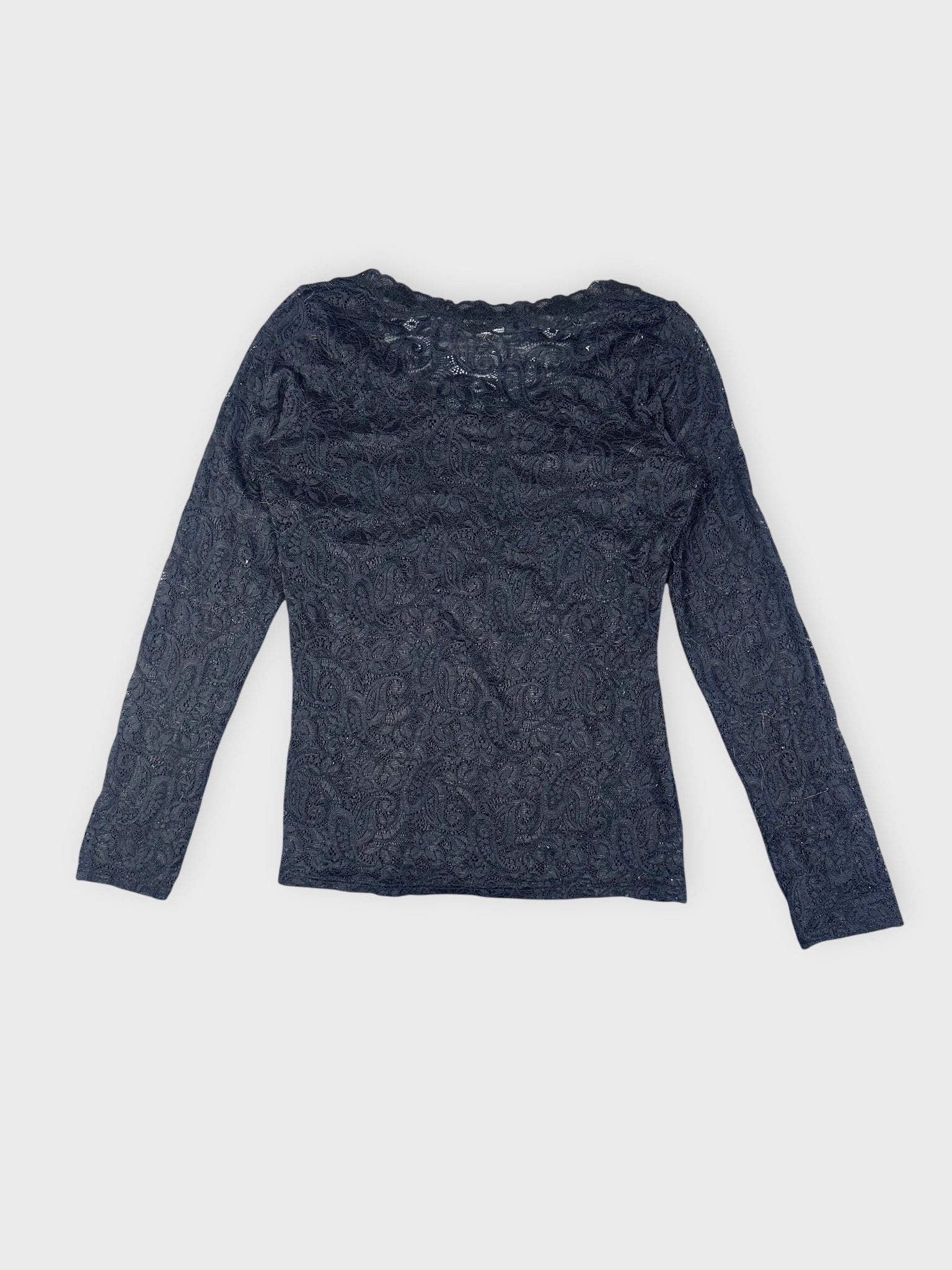 Back view of a black lace long-sleeve top featuring a paisley pattern.
