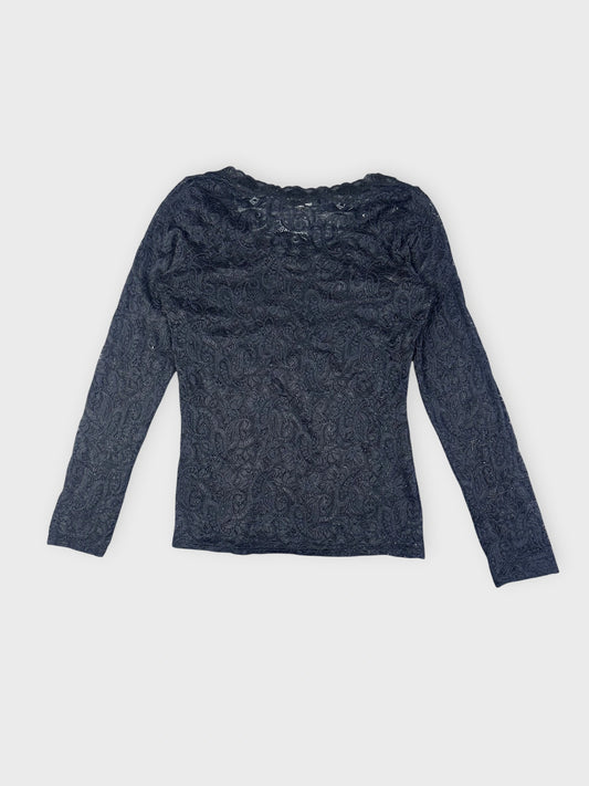 Back view of a black lace long-sleeve top featuring a paisley pattern.