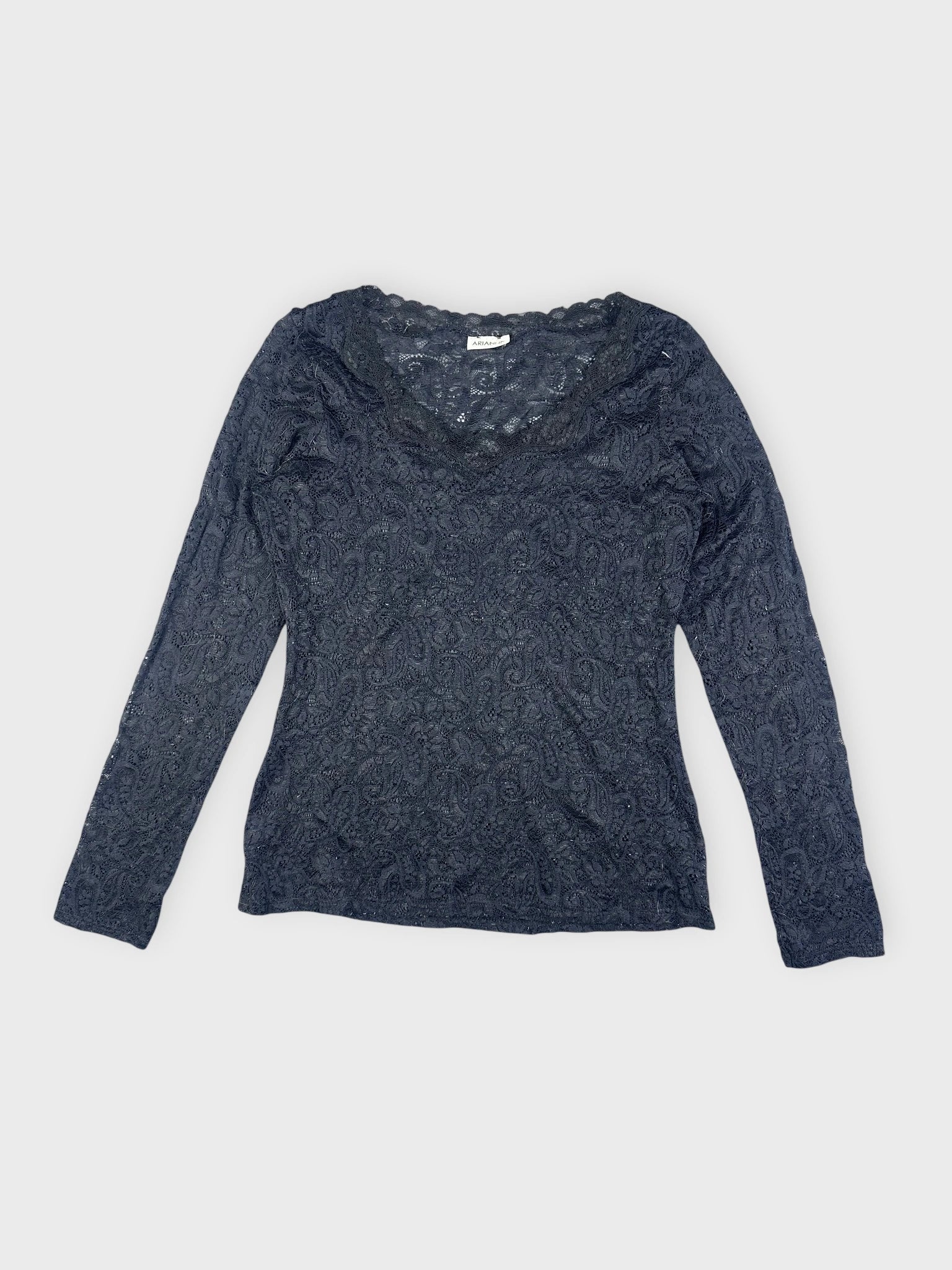 Front view of a black lace long sleeve top with paisley pattern.