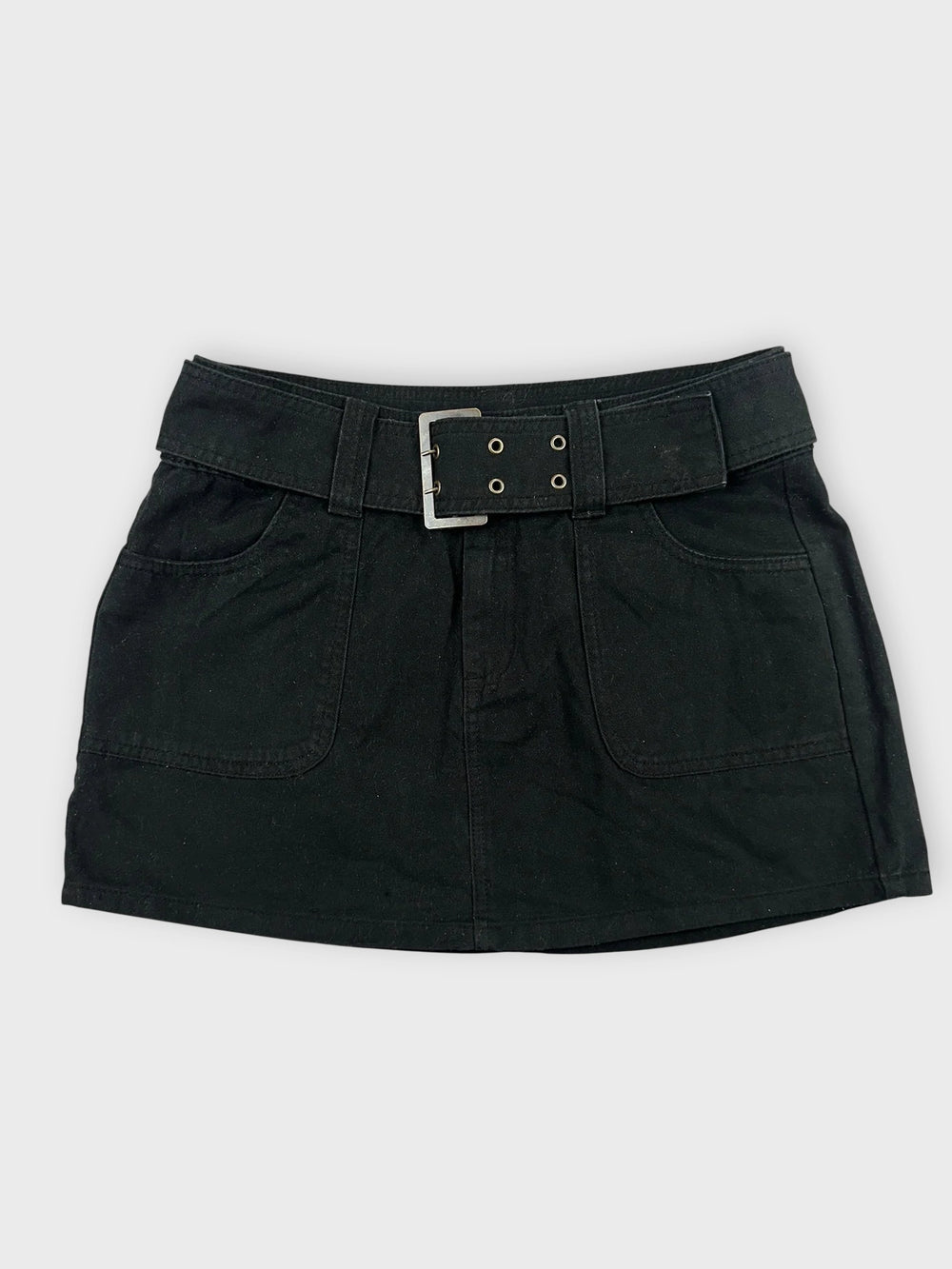 Chic black mini skirt with adjustable belt front view showing pocket details