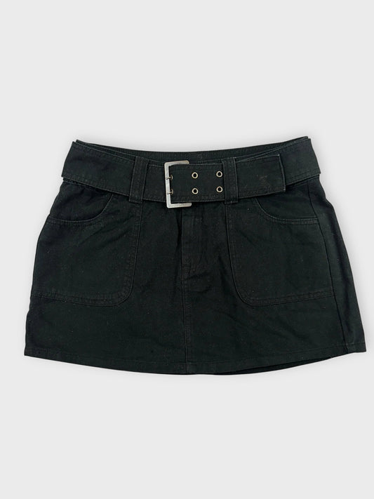 Chic black mini skirt with adjustable belt front view showing pocket details