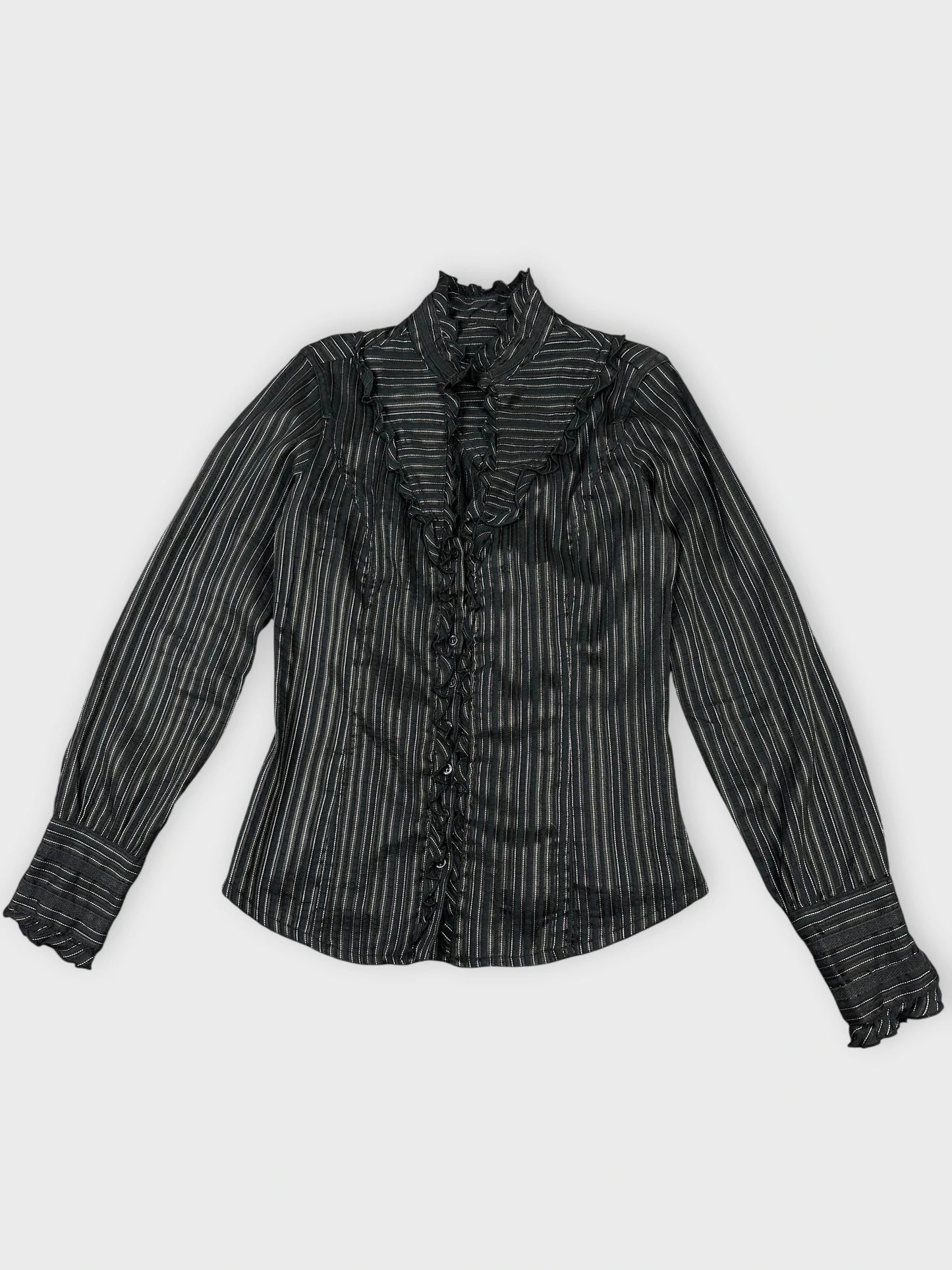 Chic black long-sleeve blouse with striped pattern and ruffled trim front view