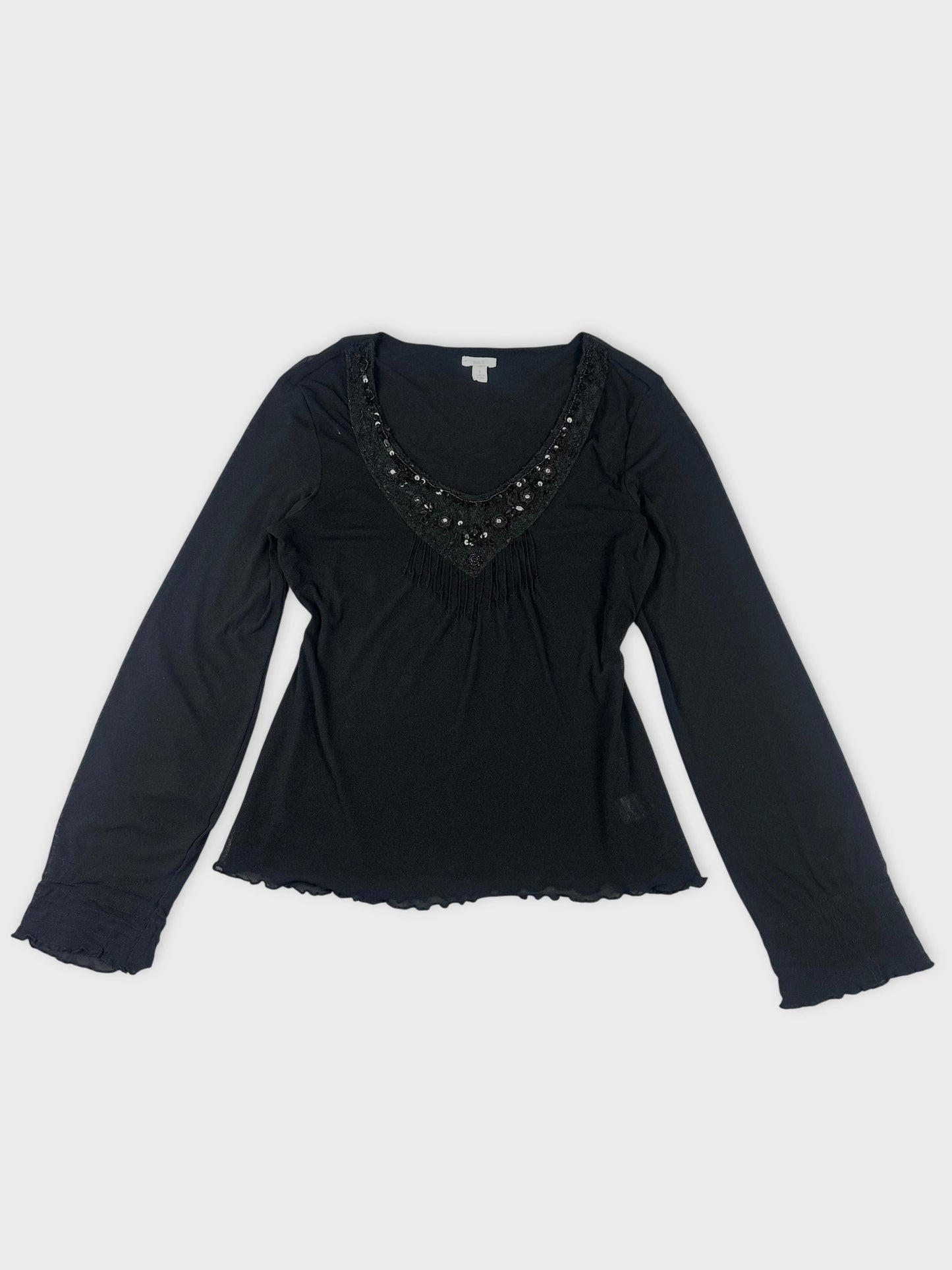 Chic black sheer top with embellished detail front view