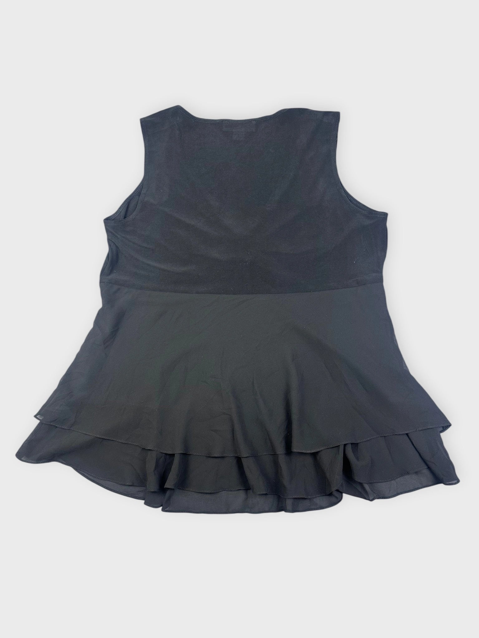 Back view of a black top featuring a flared design.