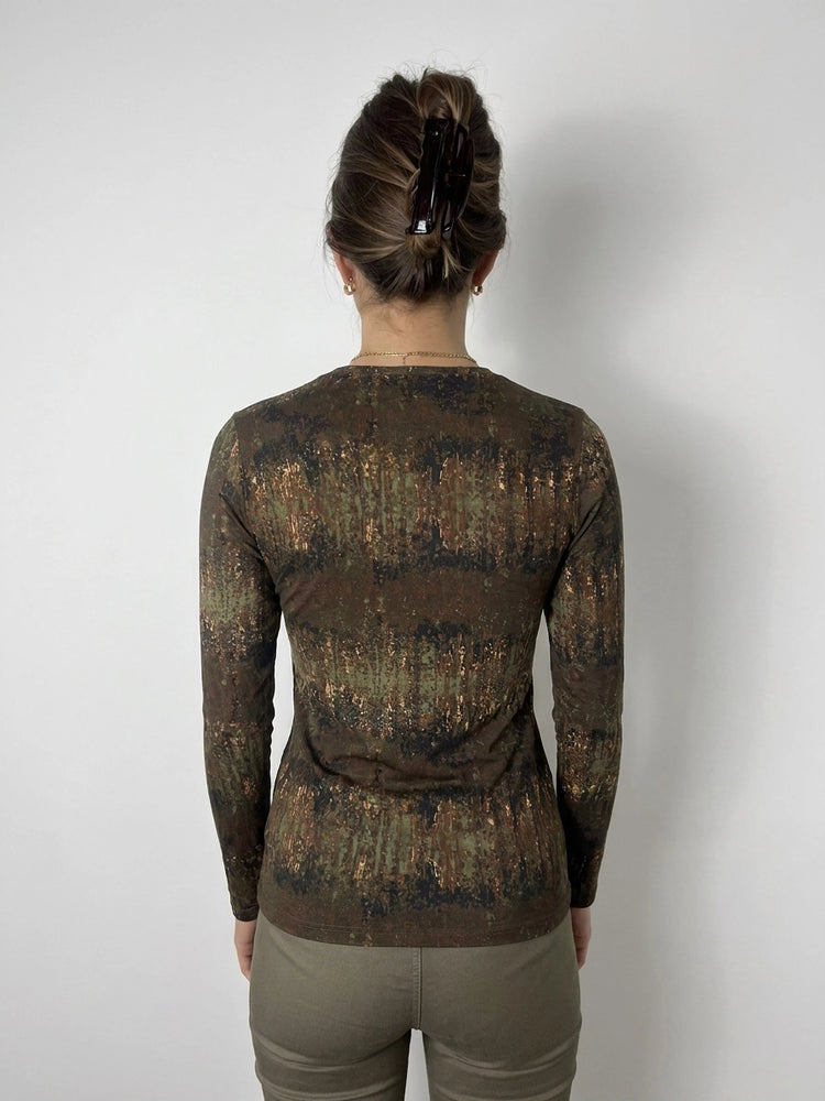 Chic Long Sleeve V-Neck Top in Earthy Tones (S)