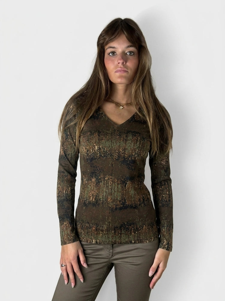Chic Long Sleeve V-Neck Top in Earthy Tones (S)