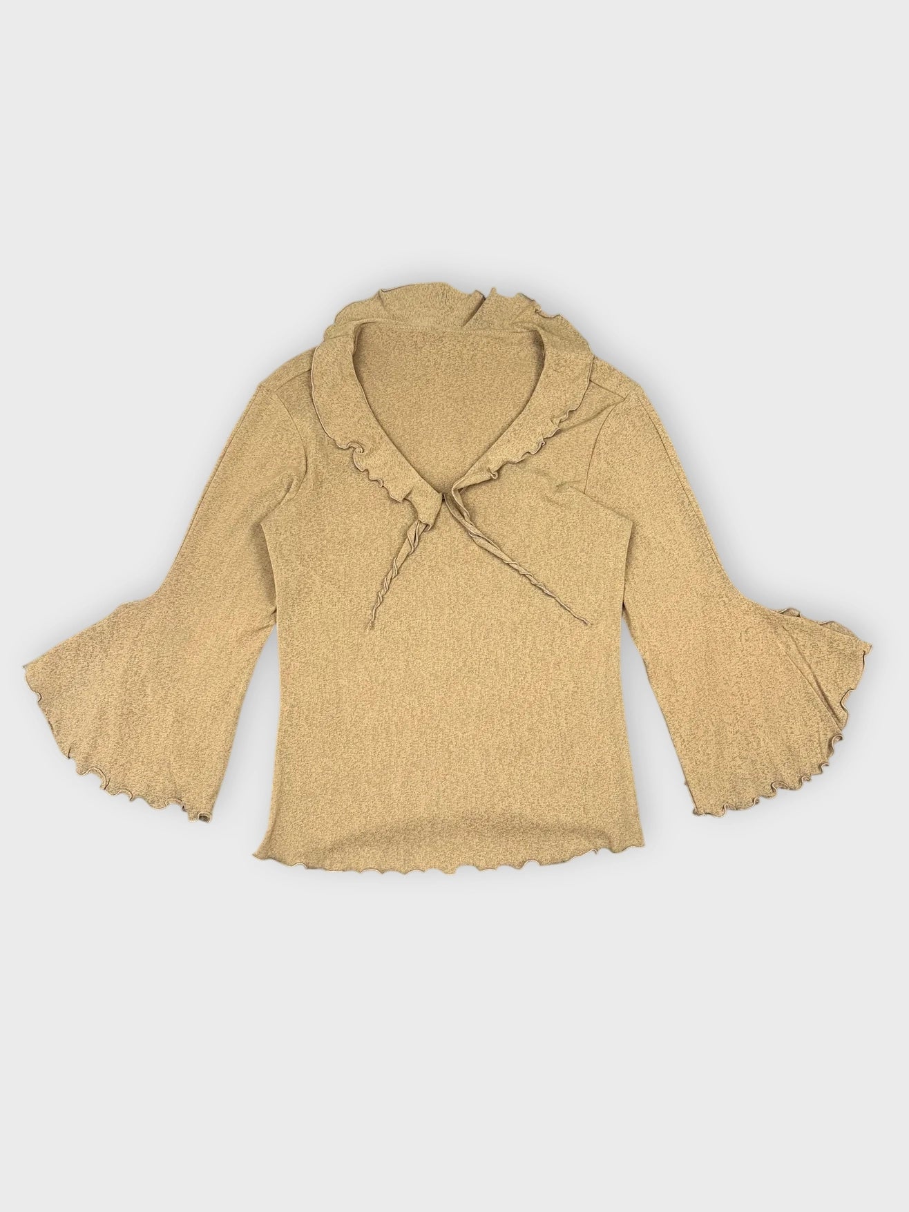 Warm beige long sleeve top with ruffled sleeves and collar front view