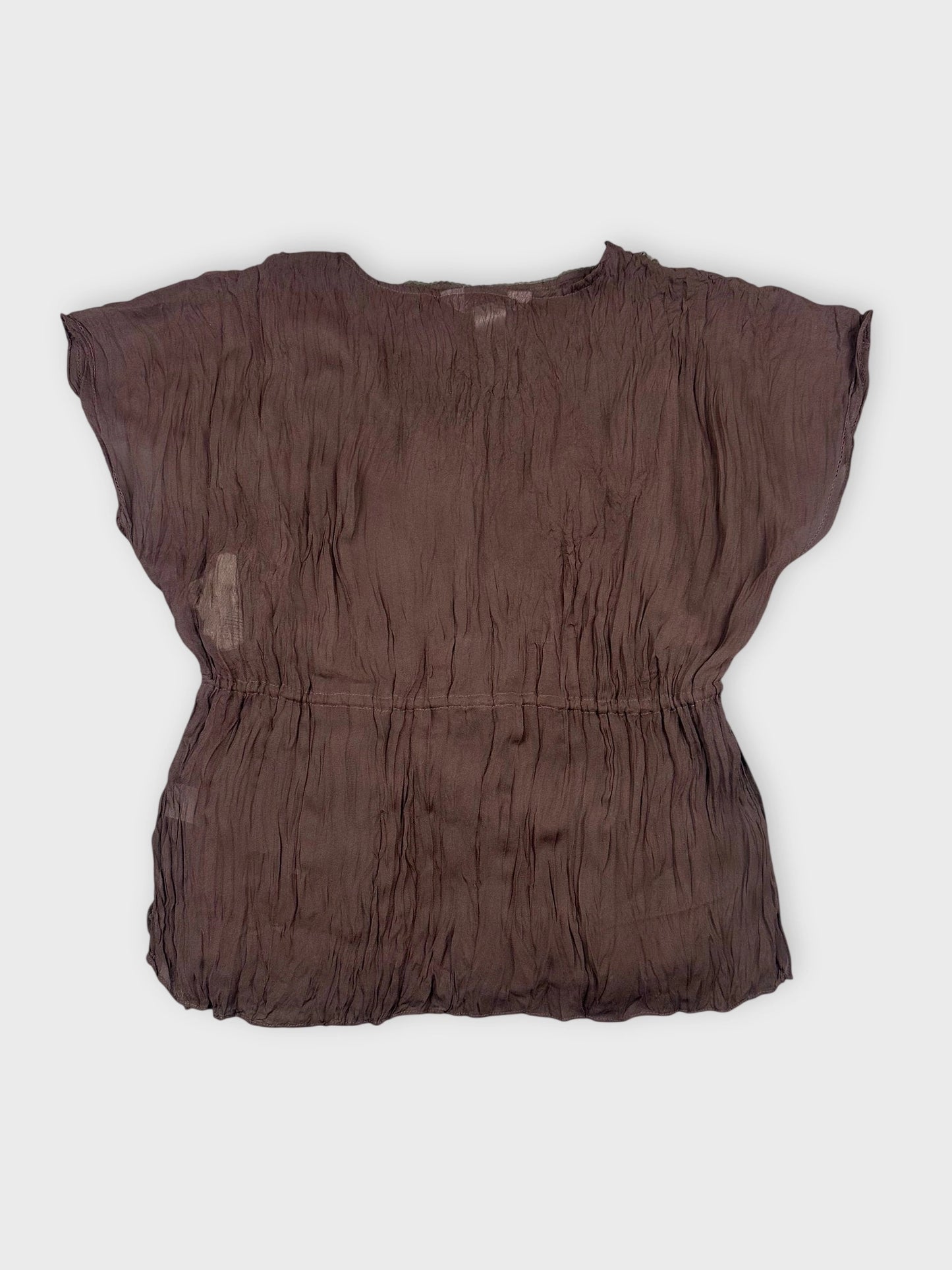 Back view of a chocolate brown sheer ruffled top with tie detail.