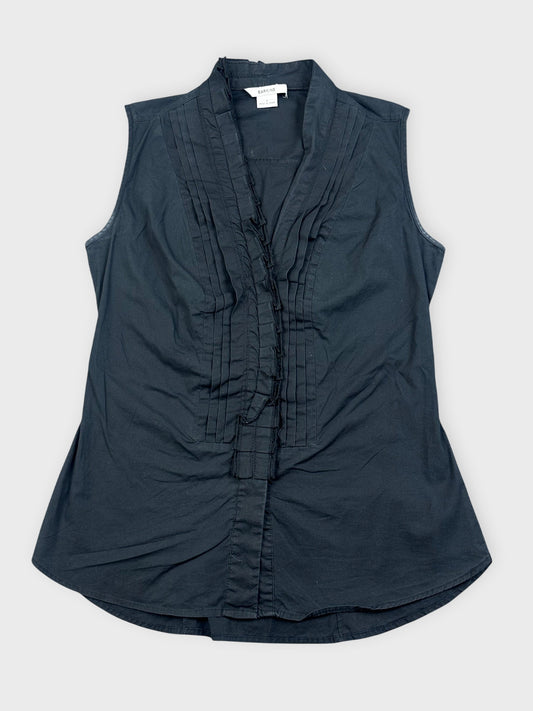 Black sleeveless ruffled top with pleated detail front view