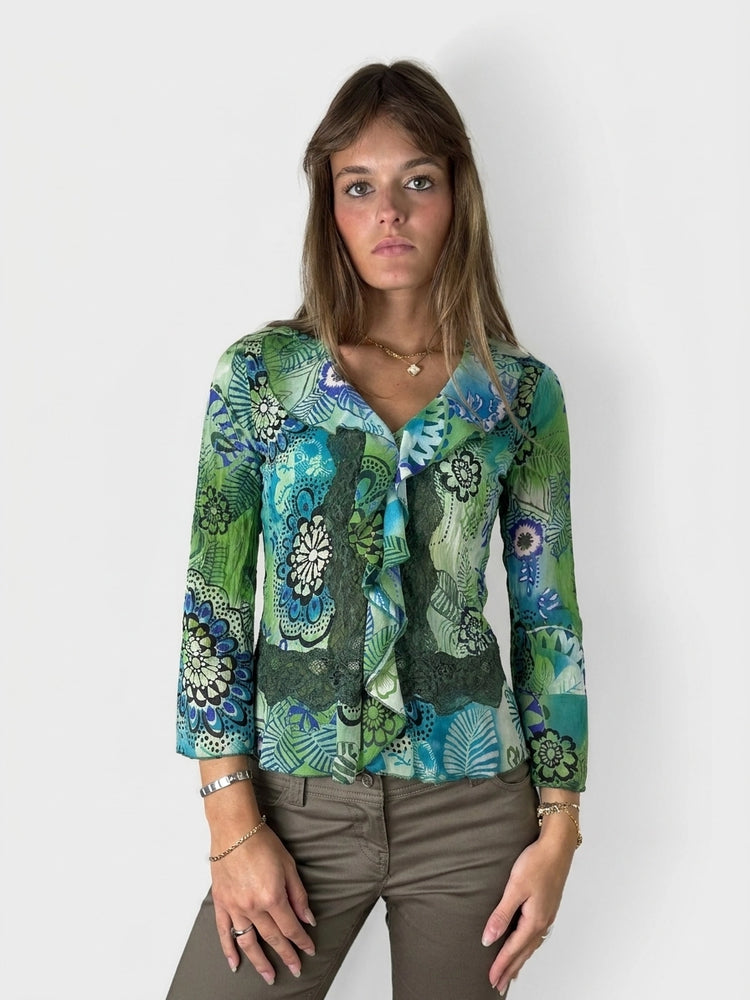 Colorful Ruffle Blouse with Floral Print (M)