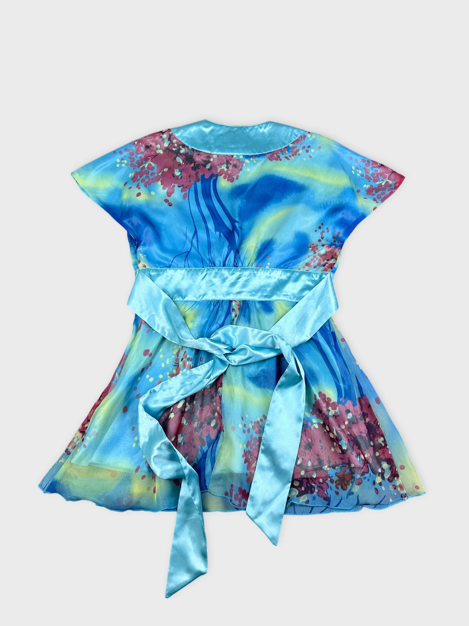 Colourful blue dress with floral print back view and satin belt