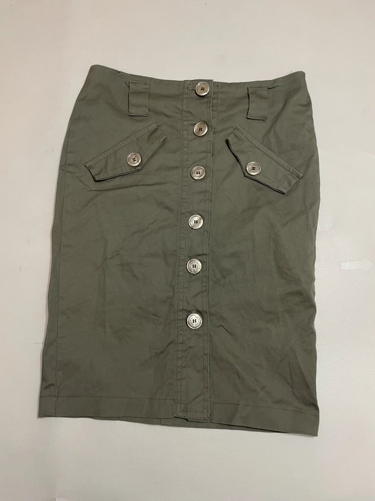 Vintage Olive Green Utility Button Midi Skirt Y2K Style (M)