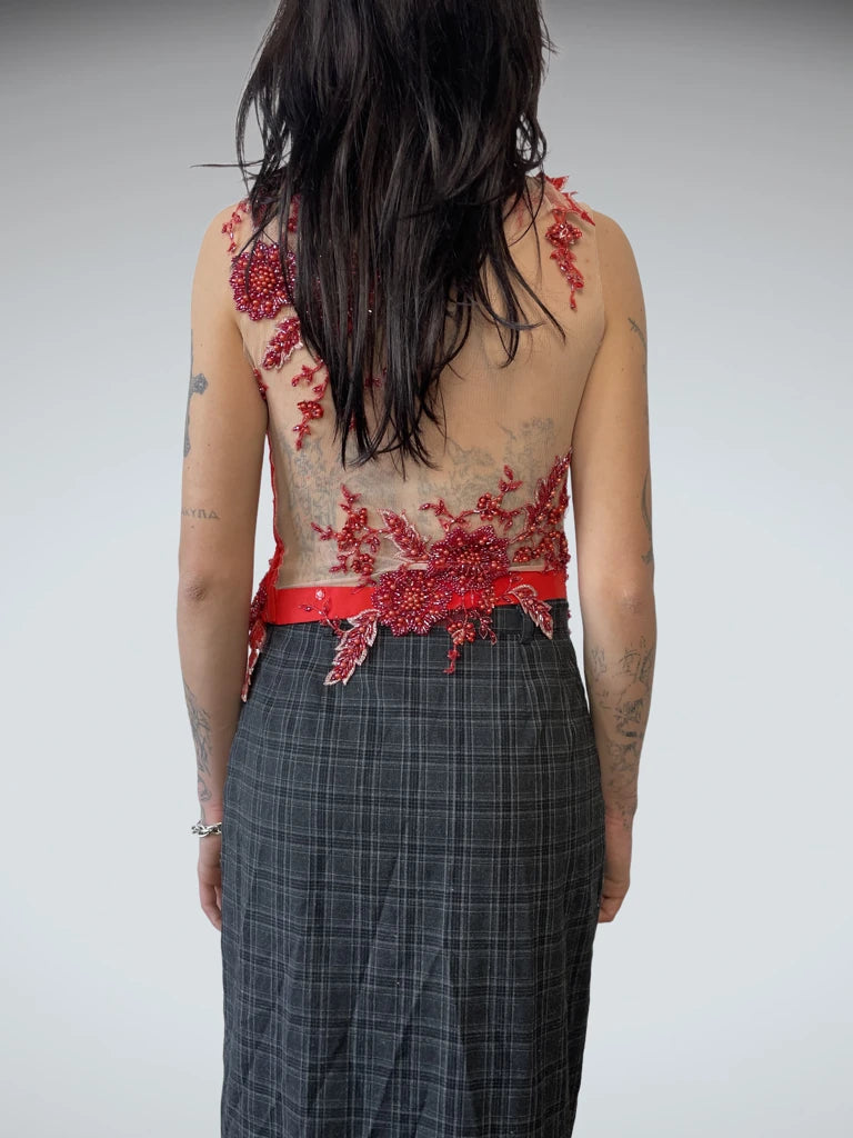 Red Floral Top with Paillettes