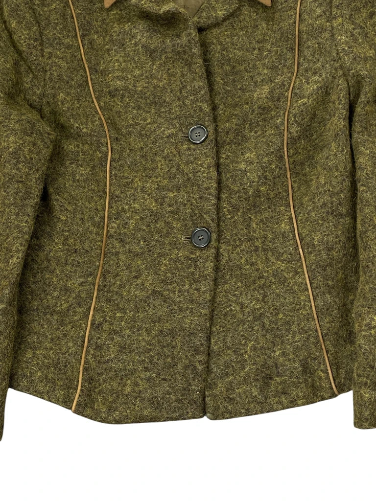 Vintage Green Wool-Blend Blazer with Suede Collar (L)