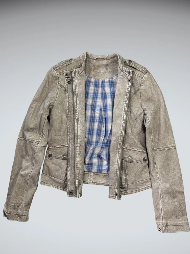 Earthtone Grey Faux Leather Racing Jacket Women (M)