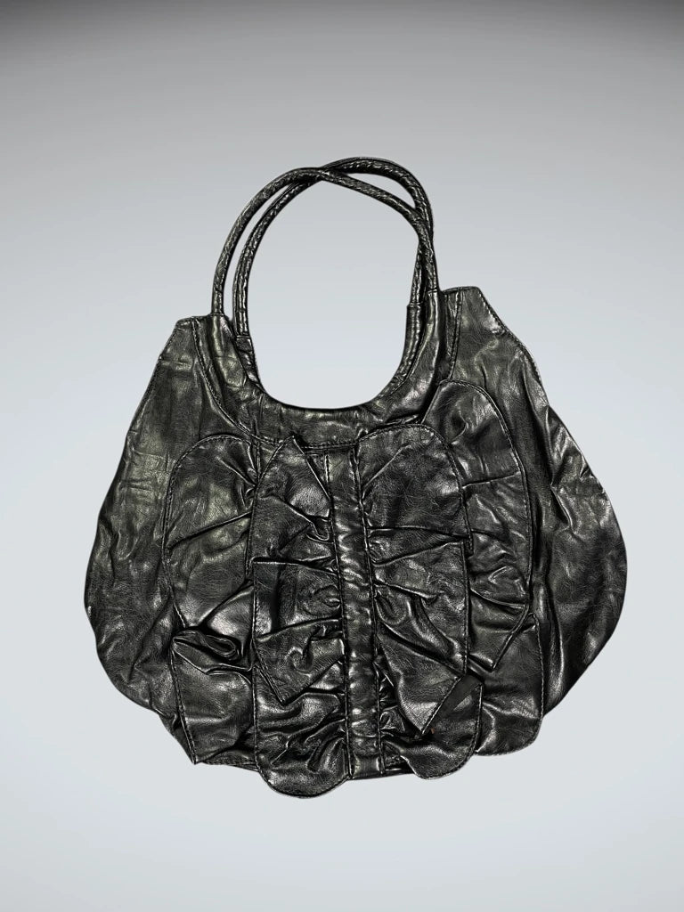 Black Shiny Ruched Round Tote (ONESIZE)
