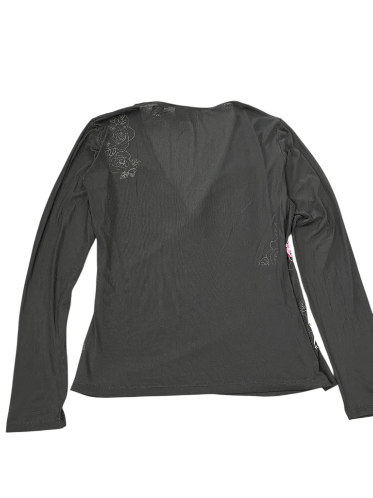 New York & Company Black V-Cut Floral Embellished Top (S)