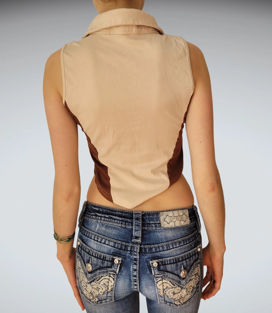 Two Tone Lace Up Crop Top Brown Beige (S)