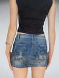 Low Rise Printed Denim Mini Skirt Dark Floral Monicas Fashion (S)