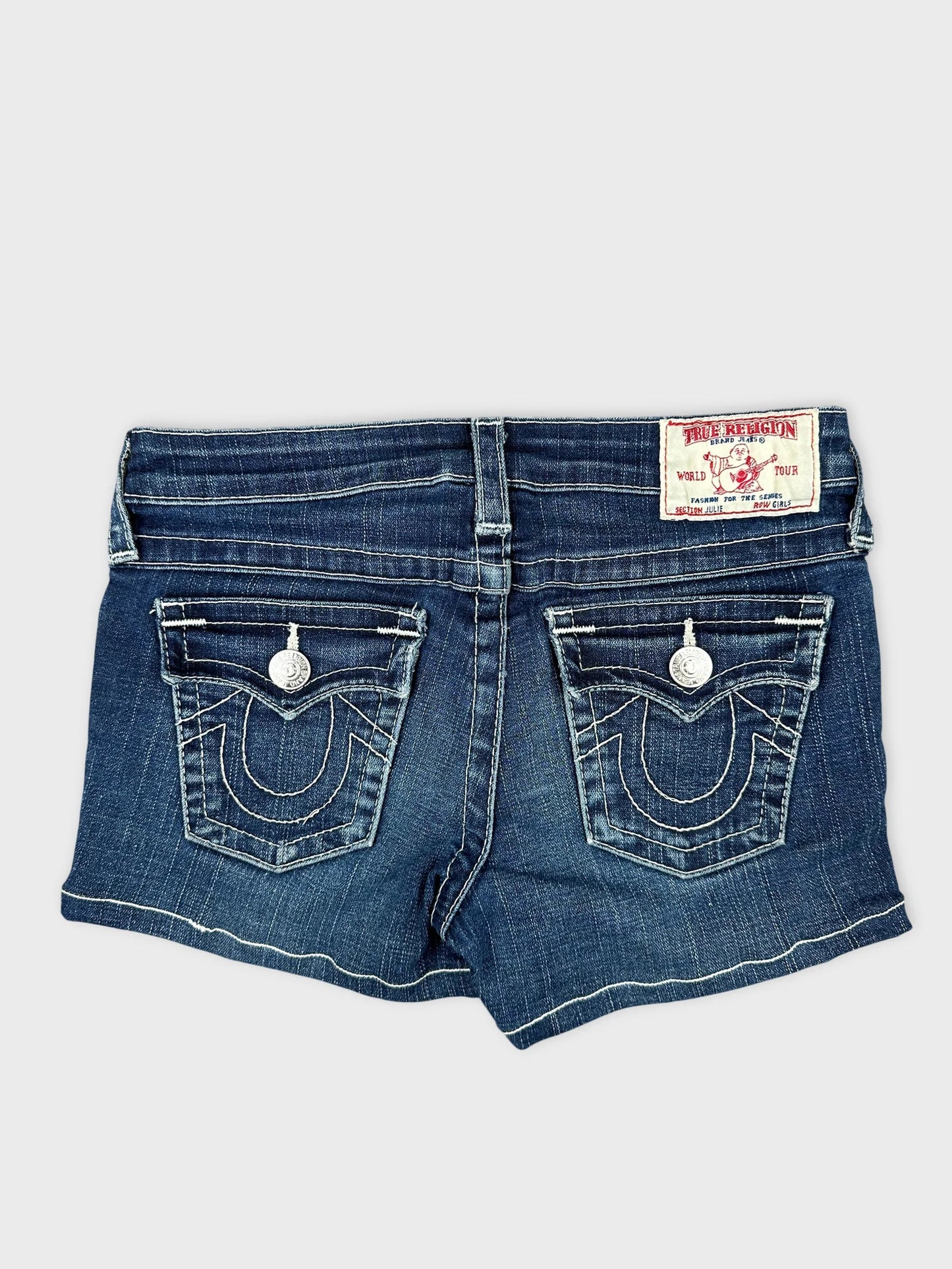 Back view of dark denim cutoff shorts featuring detailed stitching and five pockets.