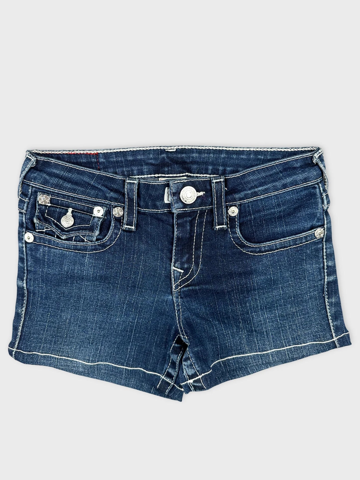Dark denim cutoff shorts with edgy stitching front view