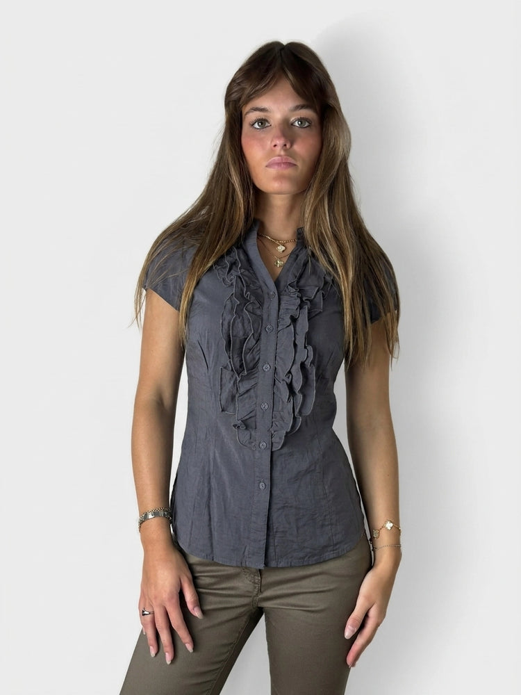 Dark Gray Ruffled Button-Up Shirt (S)