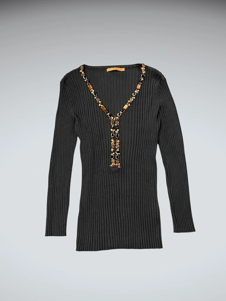 Black Ribbed Top with Jewel Embellished Deep V-Neck (XL)