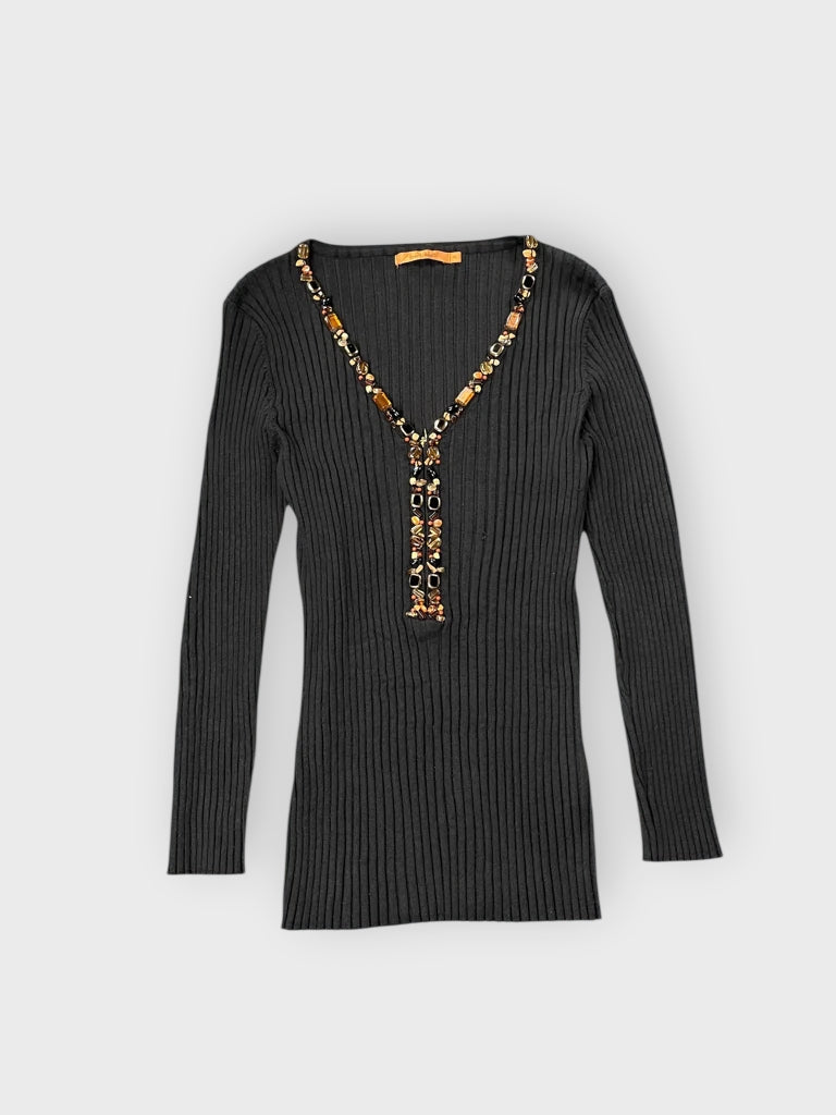 Black Ribbed Top with Jewel Embellished Deep V-Neck (XL)