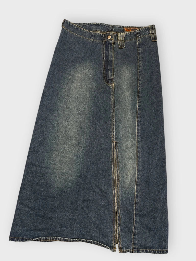 detail view, Tmx Denim Maxi Skirt with Front Slit, vintage Y2K second hand piece