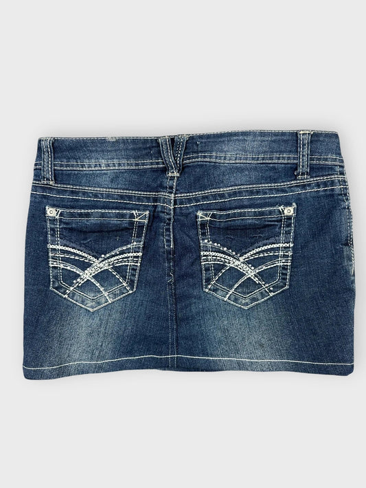 Denim mini skirt back view featuring dark blue color and stitched back pockets.