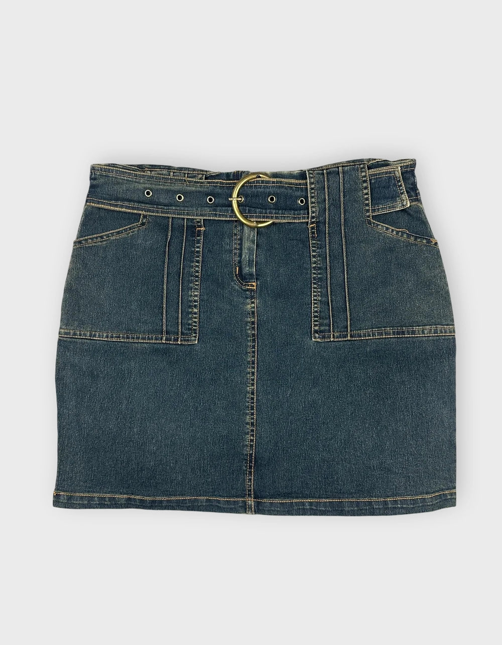 Denim mini skirt in blue color with belted detail front view.