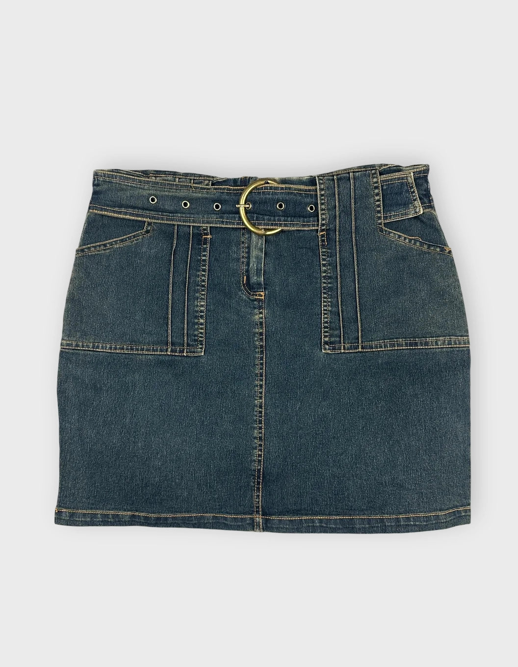 Denim mini skirt in blue color with belted detail front view.