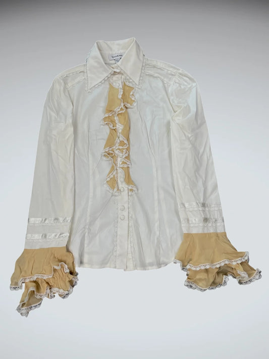 Bebe White & Cream Ruffle Sleeve Statement Blouse (S)