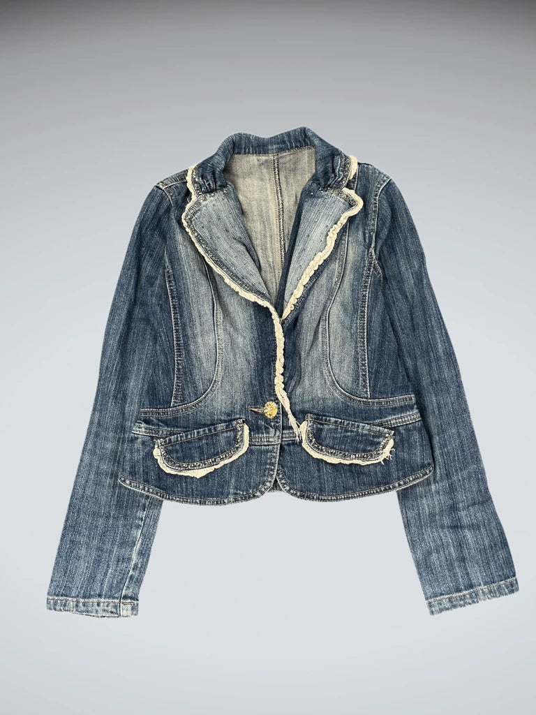 Shiny Denim Blazer with Lace Trim (XS)